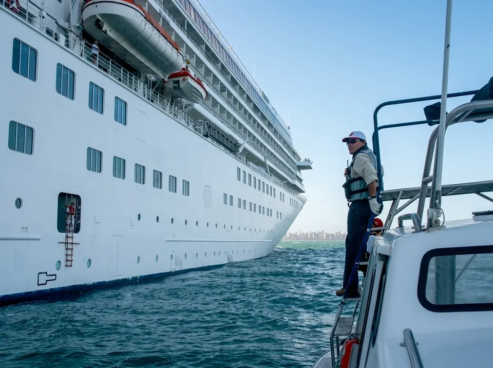 Prático embarcando no navio de cruzeiro Crystal Harmony com Fortaleza ao fundo