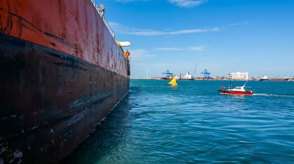 Lancha de prático em rota, ao costado de navio no Porto do Pecém