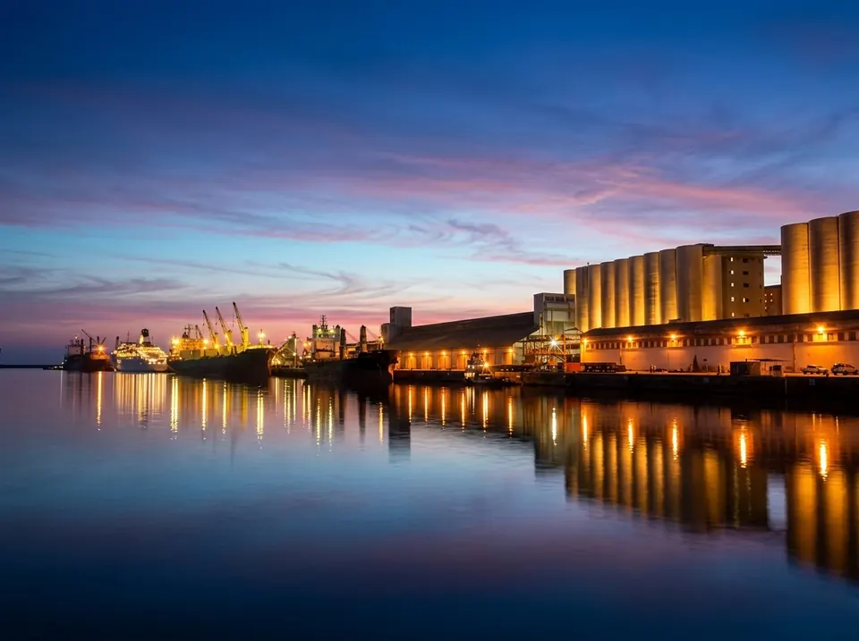 Porto do Mucuripe ao entardecer com silos e navios atracados